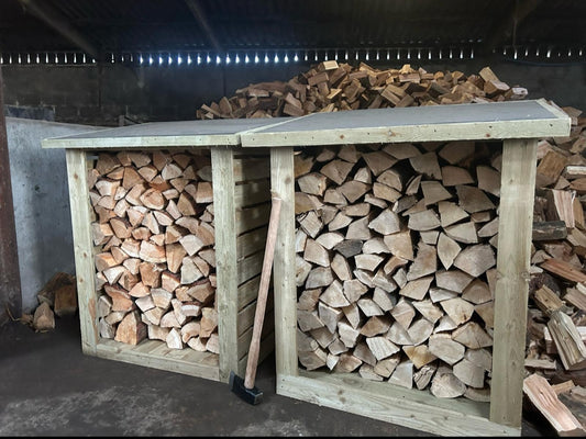 1 x log store filled with two stacked rows.  Hardwood £300,Larch £250...store and logs delivered and stacked